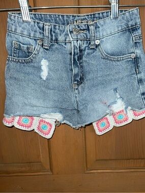 Light Blue Distressed Crochet-Hem girls shorts